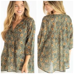 NWT Natural Life Green Tunic Peasant Top Shirt Blouse Sunflower Butterfly XXL